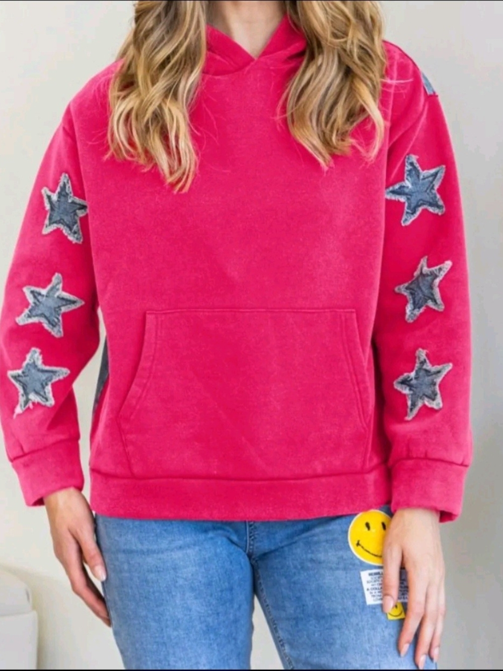 NWT Oddi Small Pink Star Sleeve Hoodie with Kangaroo Pocket